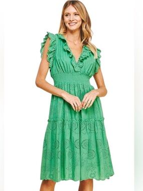 Pinch Green Eyelet Ruffle Midi Dress